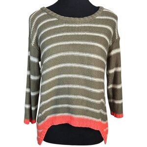 Razzle Dazzle Striped Olive and Coral Crocheted Sweater  Size Small